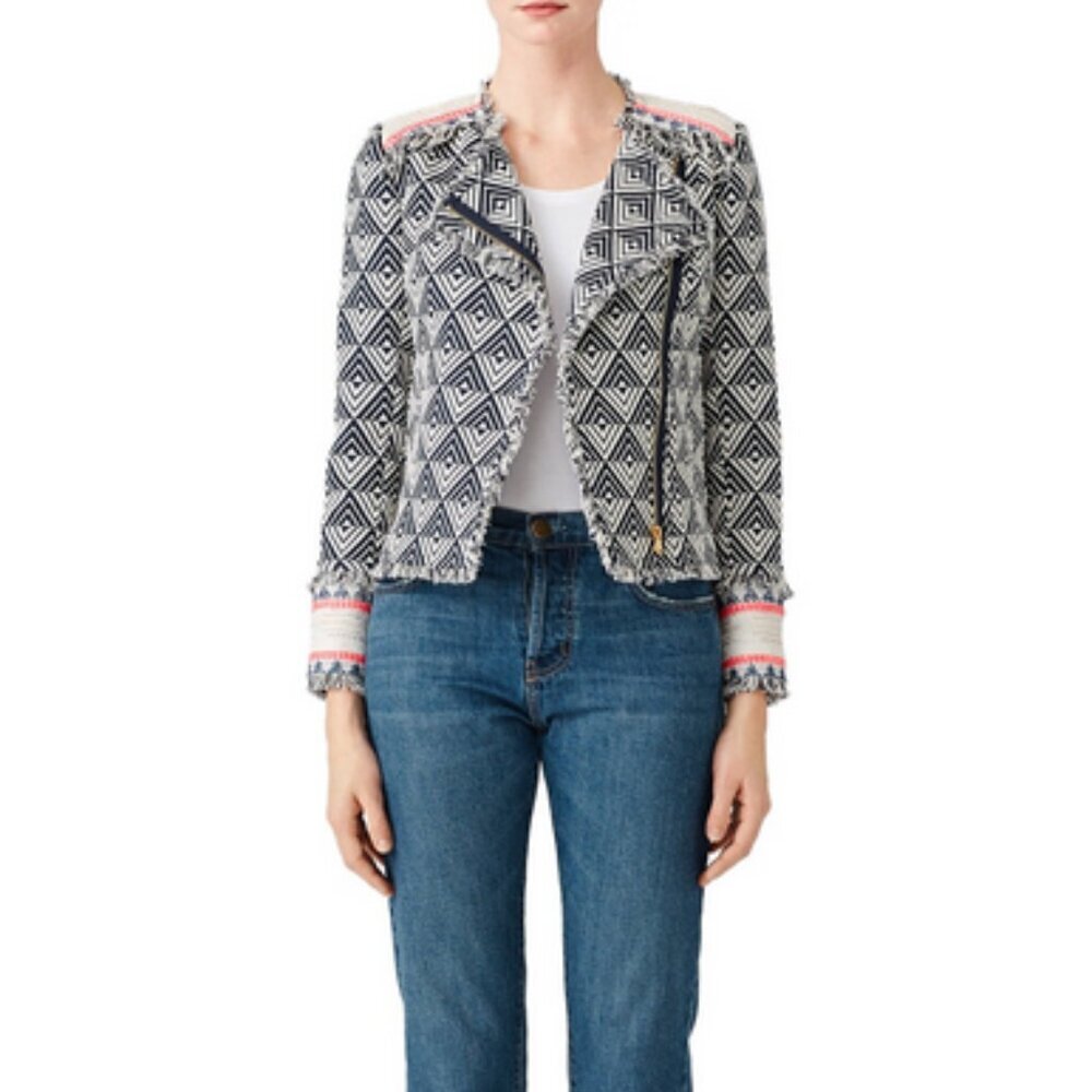 TRINA TURK Tia Rent The Runway Navy White Fringe Bomber Jacket Blazer 2